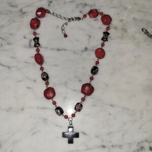 Sterling Silver Necklace with Red Coral Chunky Beads, Cloisanne, and Cross Drop